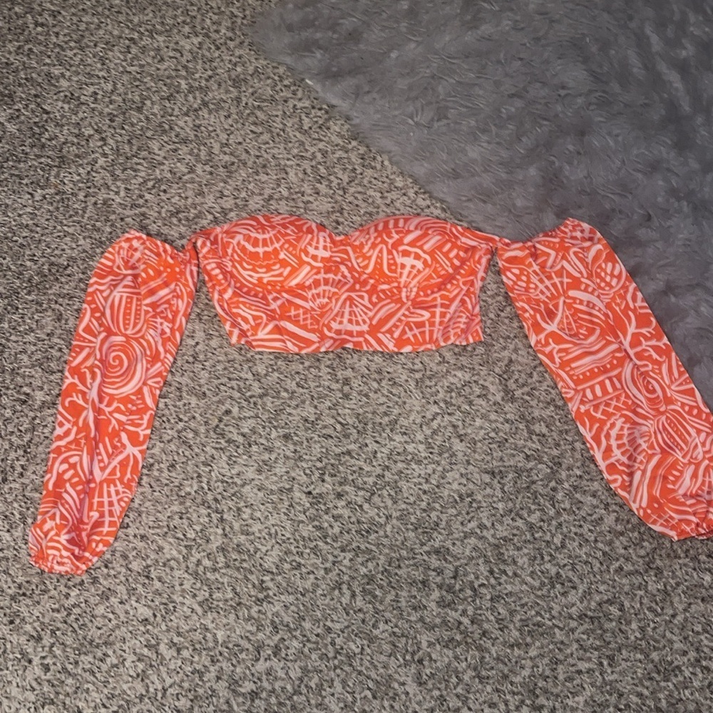 SHEIN Orange & White Seashell Vacation Corset Crop Top